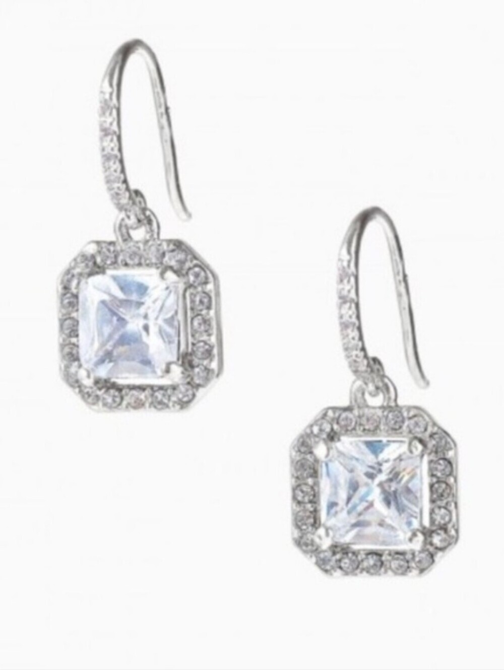 Stella & Dot Deco Drop Earrings Silver CZ Crystal Art Deco Halo Dangle
